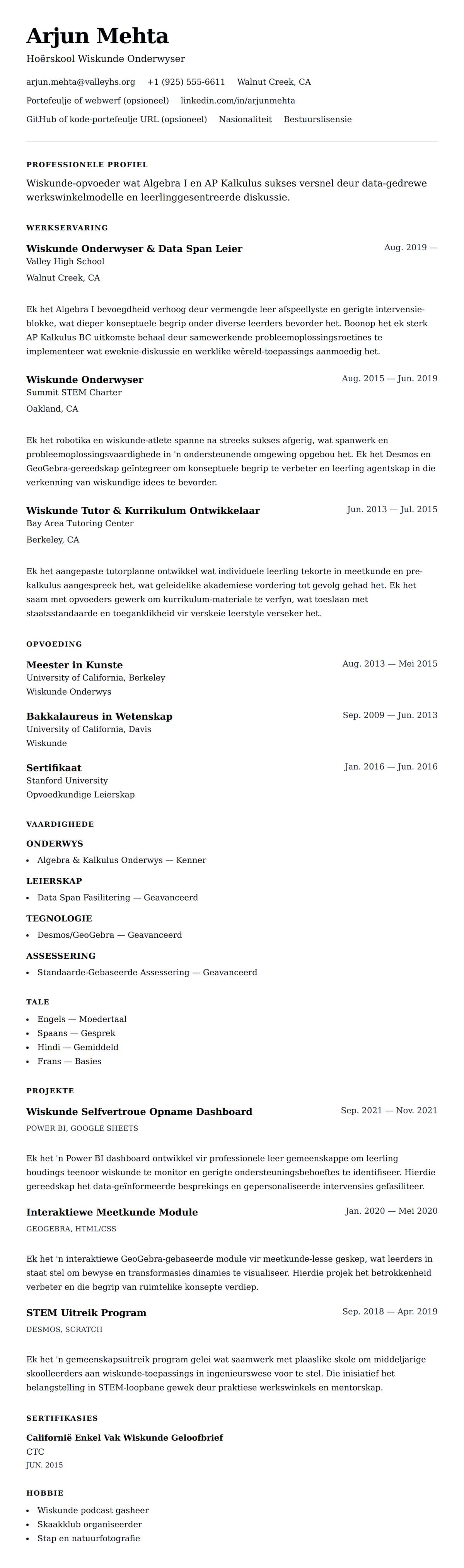Leweensbeskrywing-vooruitskouk vir Wiskunde Onderwyser Lewensloop Voorbeeld