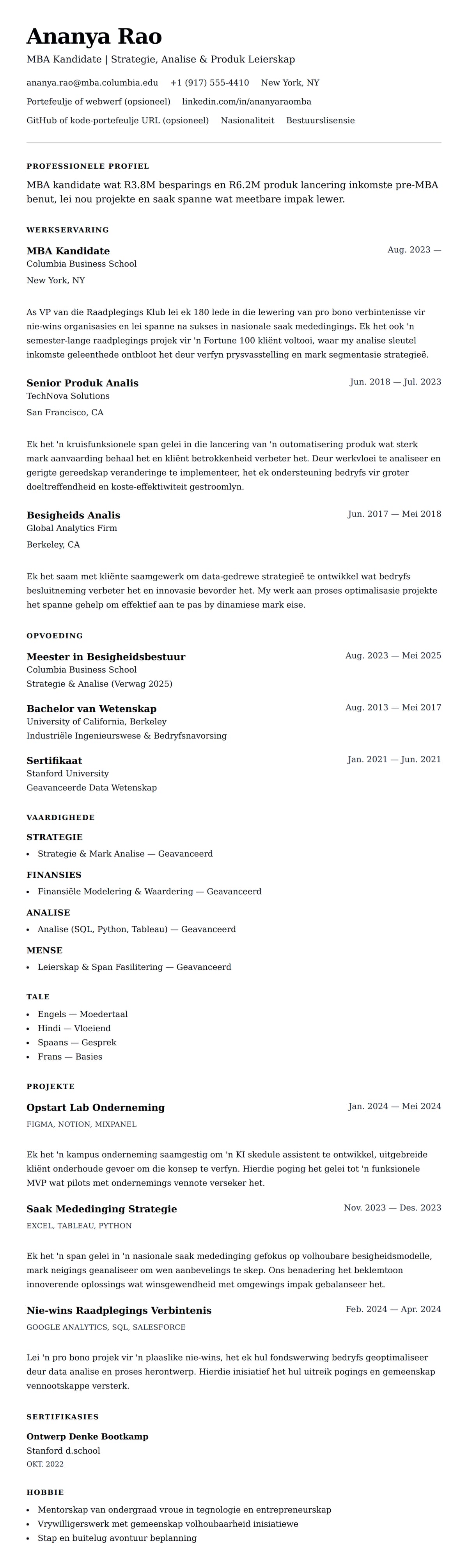 Leweensbeskrywing-vooruitskouk vir MBA Kandidate Lêer Voorbeeld