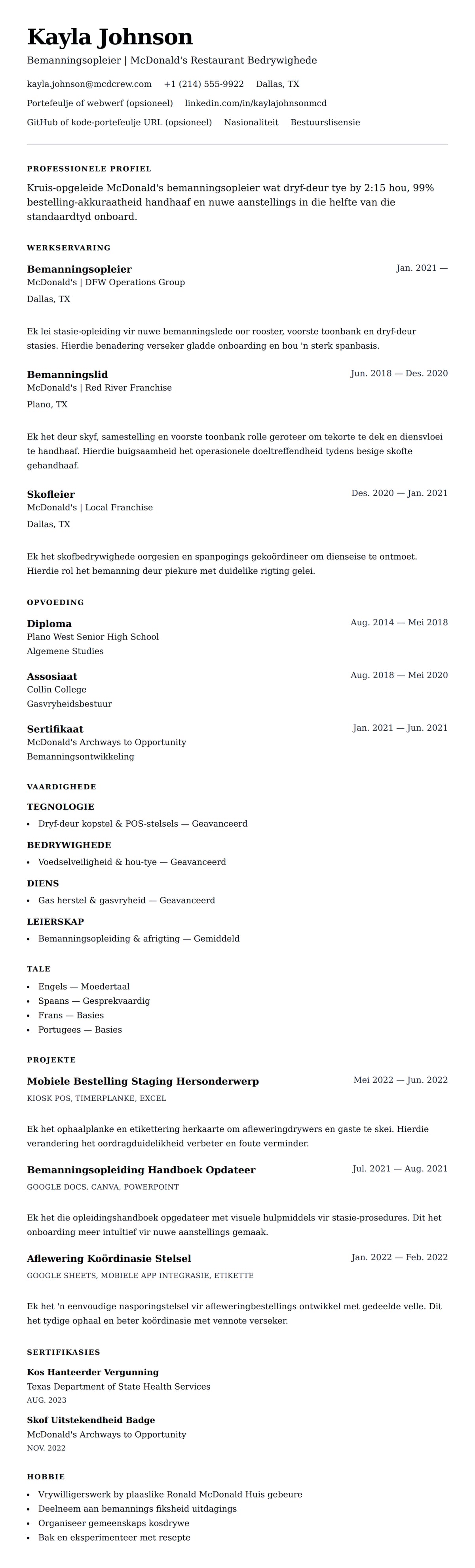 Leweensbeskrywing-vooruitskouk vir McDonald's Bemanningslid Lewensloop Voorbeeld