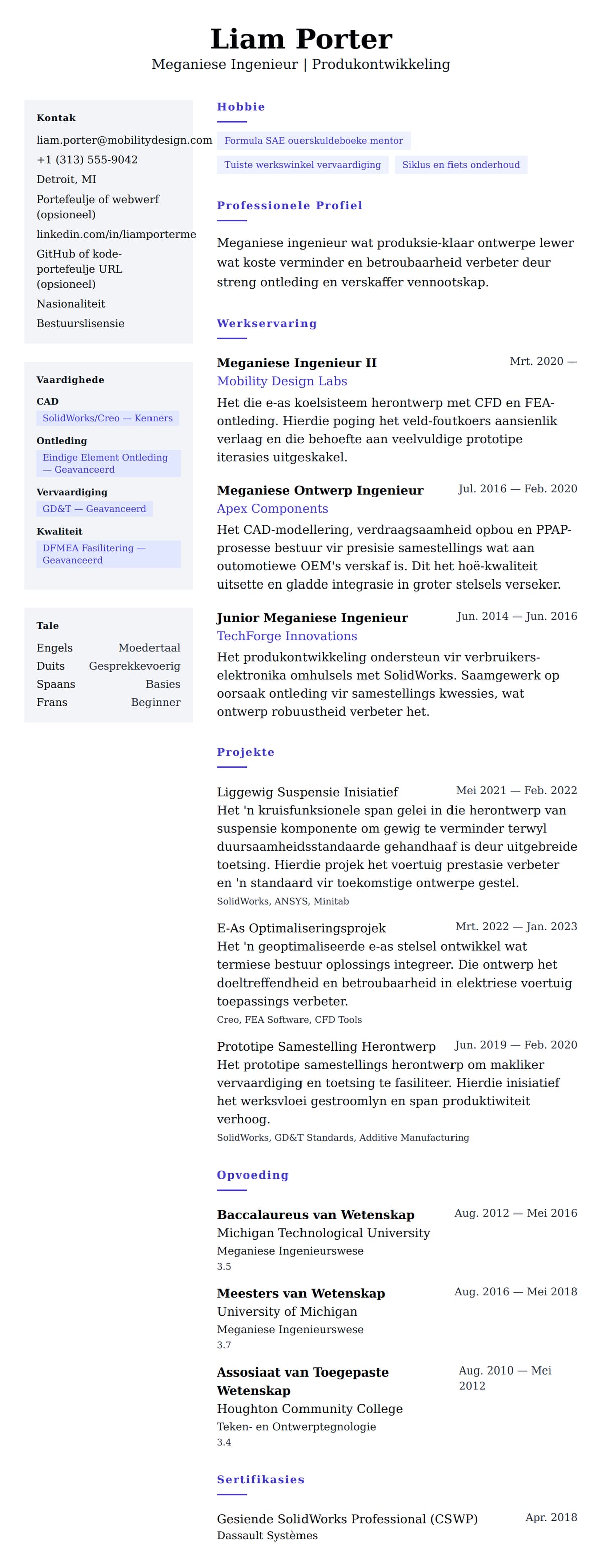 Leweensbeskrywing-vooruitskouk vir Meganiese Ingenieur Lewensloop Voorbeeld