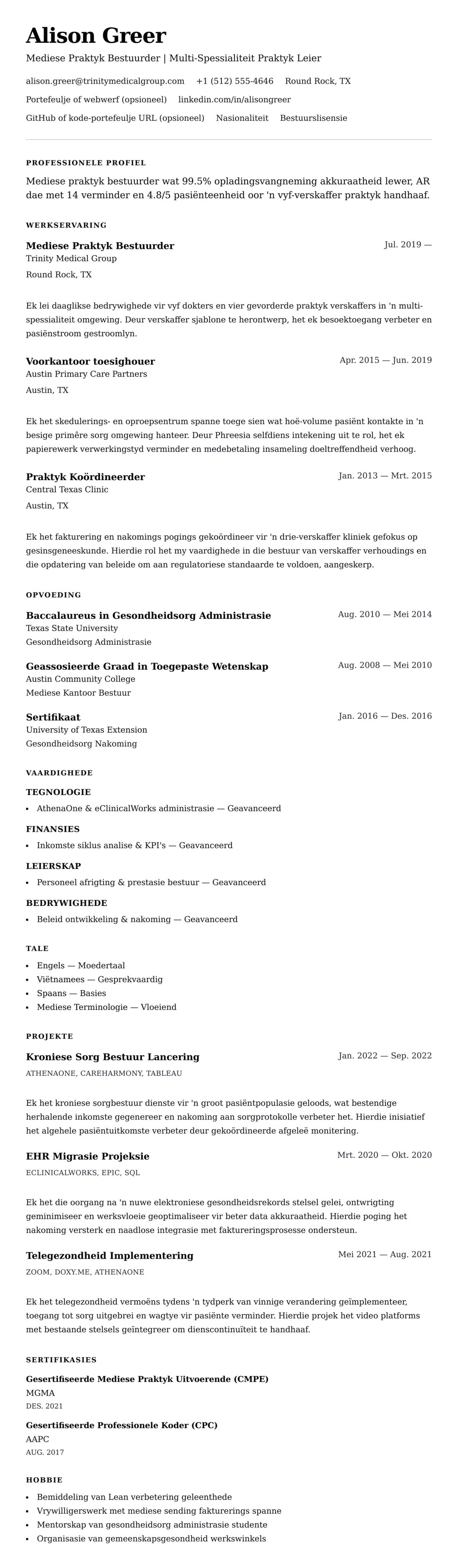 Leweensbeskrywing-vooruitskouk vir Mediese Praktyk Bestuurder Lewensloop Voorbeeld
