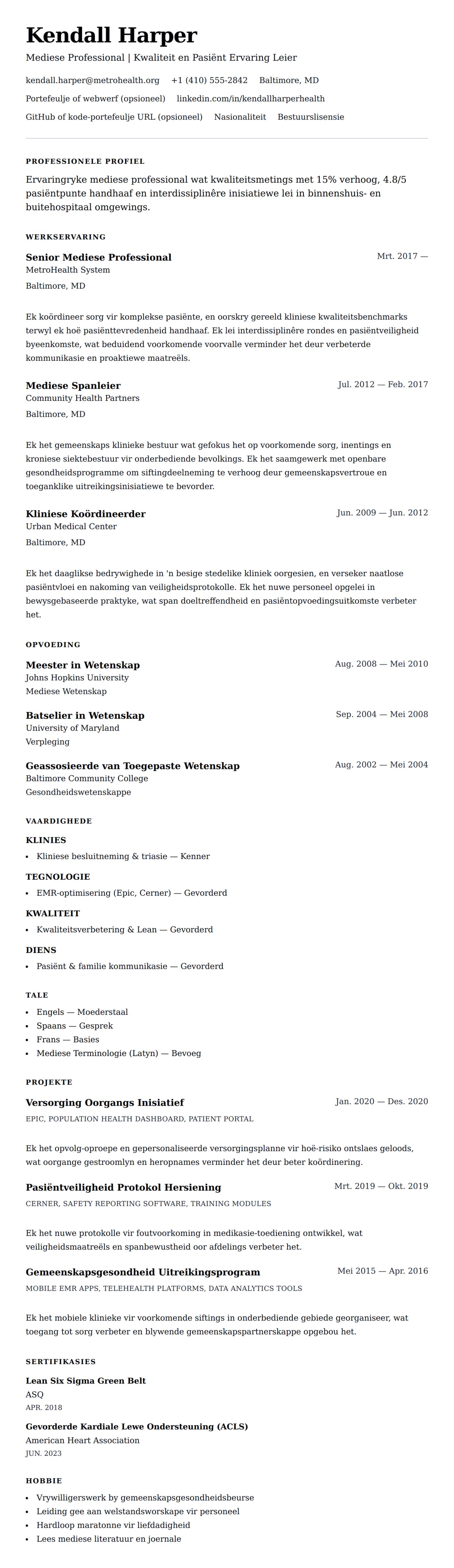 Leweensbeskrywing-vooruitskouk vir Mediese Professional Lewensloop Voorbeeld