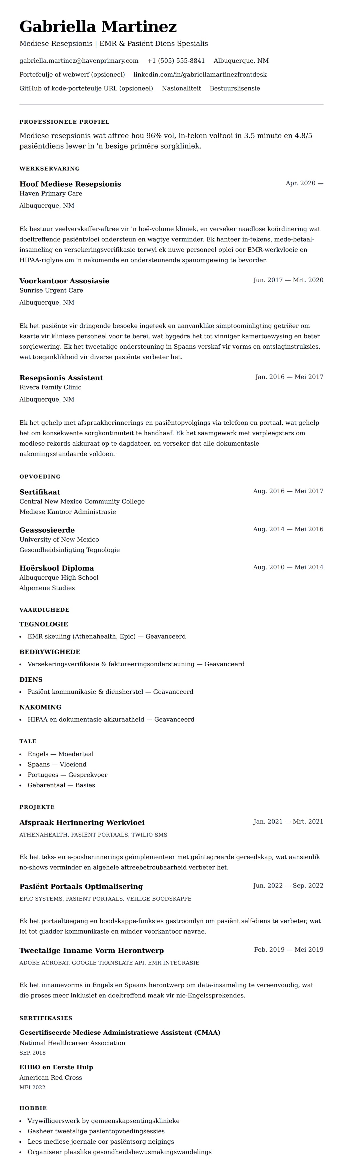 Leweensbeskrywing-vooruitskouk vir Mediese Resepsionis Leweensbeskrywing Voorbeeld