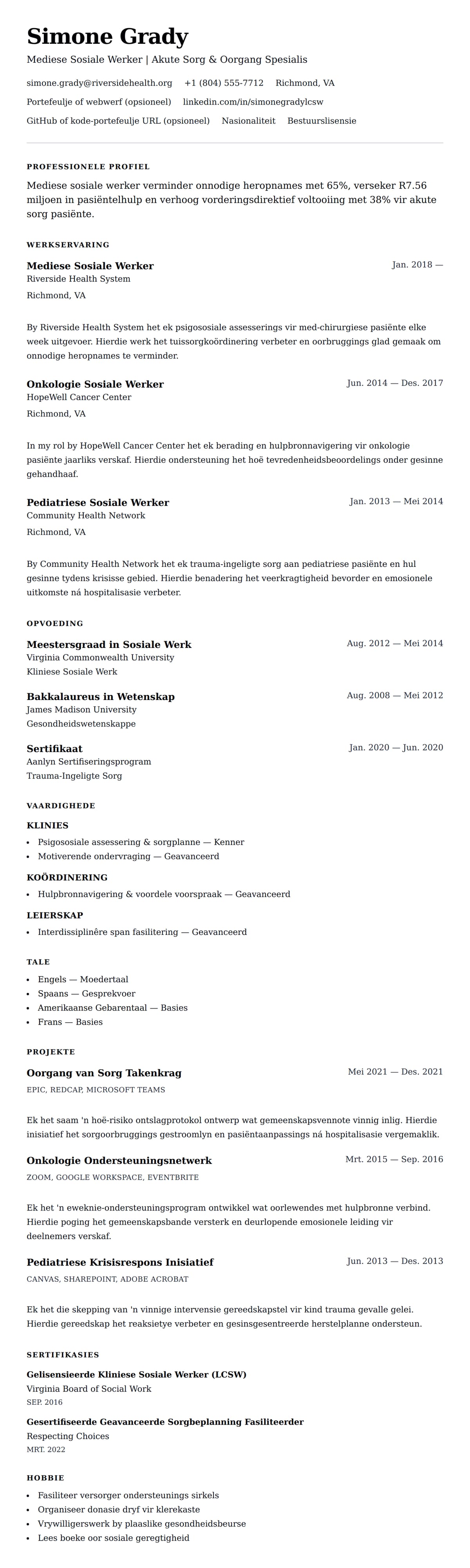 Leweensbeskrywing-vooruitskouk vir Mediese Sosiale Werker CV Voorbeeld