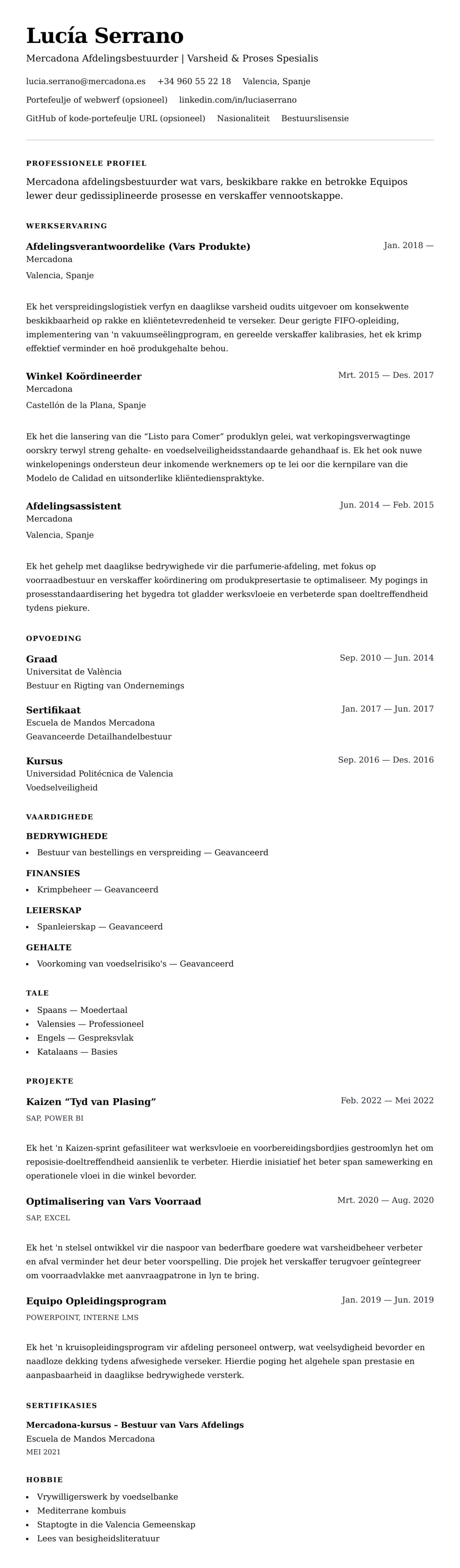 Leweensbeskrywing-vooruitskouk vir Mercadona Afdelingsbestuurder CV-voorbeeld