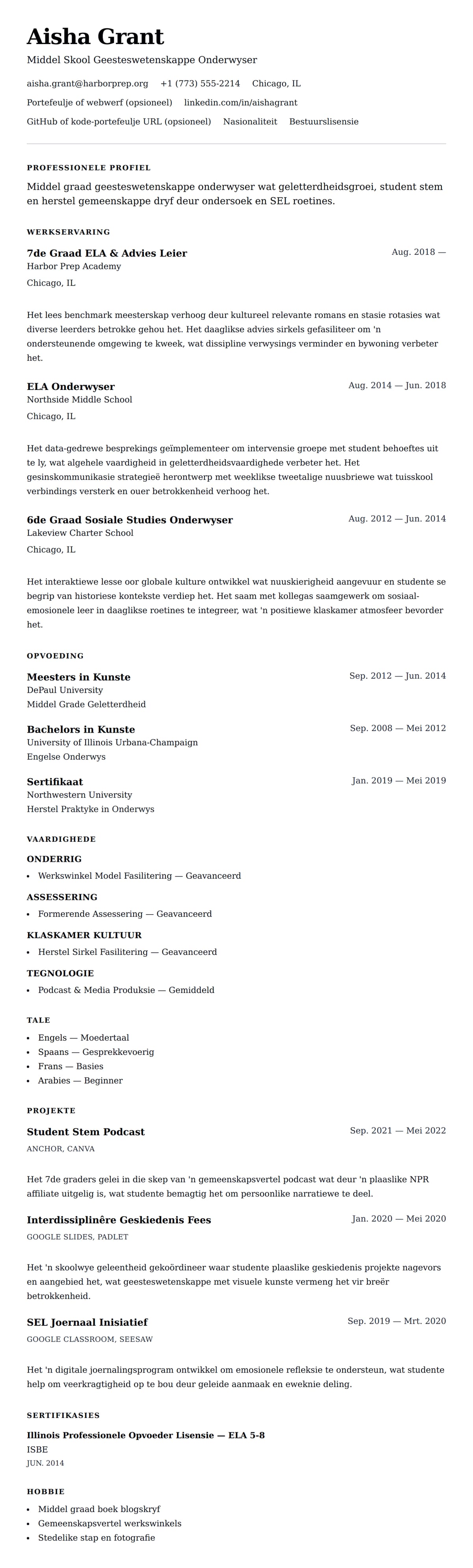 Leweensbeskrywing-vooruitskouk vir Middel Skool Onderwyser Leweverhaal Voorbeeld