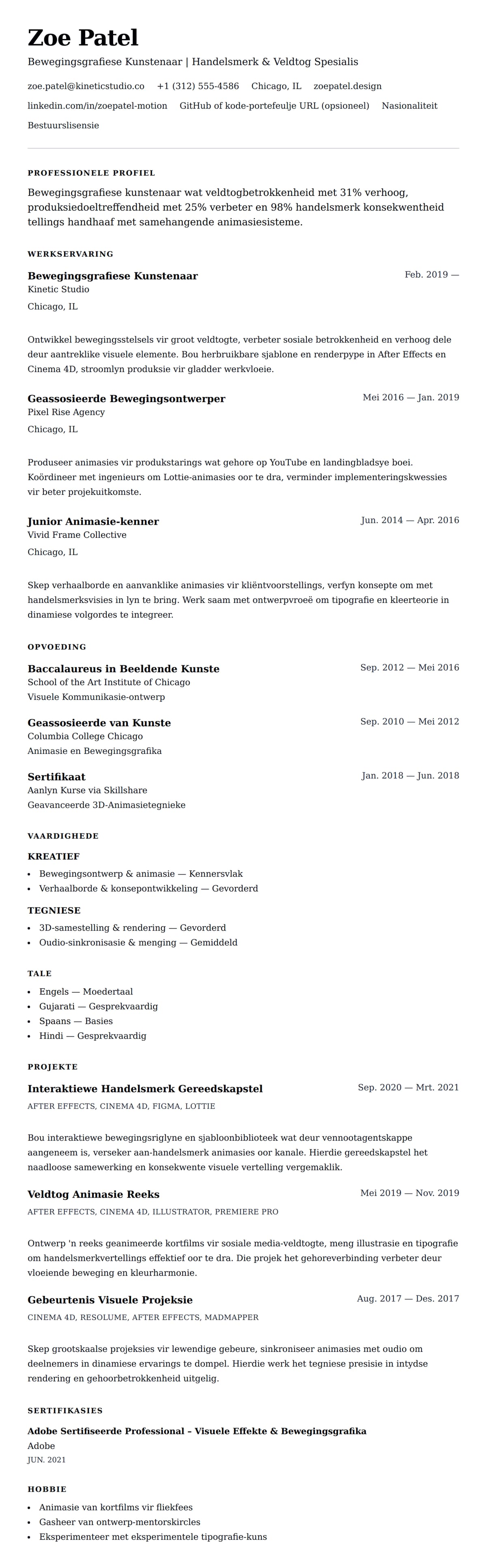 Leweensbeskrywing-vooruitskouk vir Bewegingsgrafiese Kunstenaar Lewensloop Voorbeeld