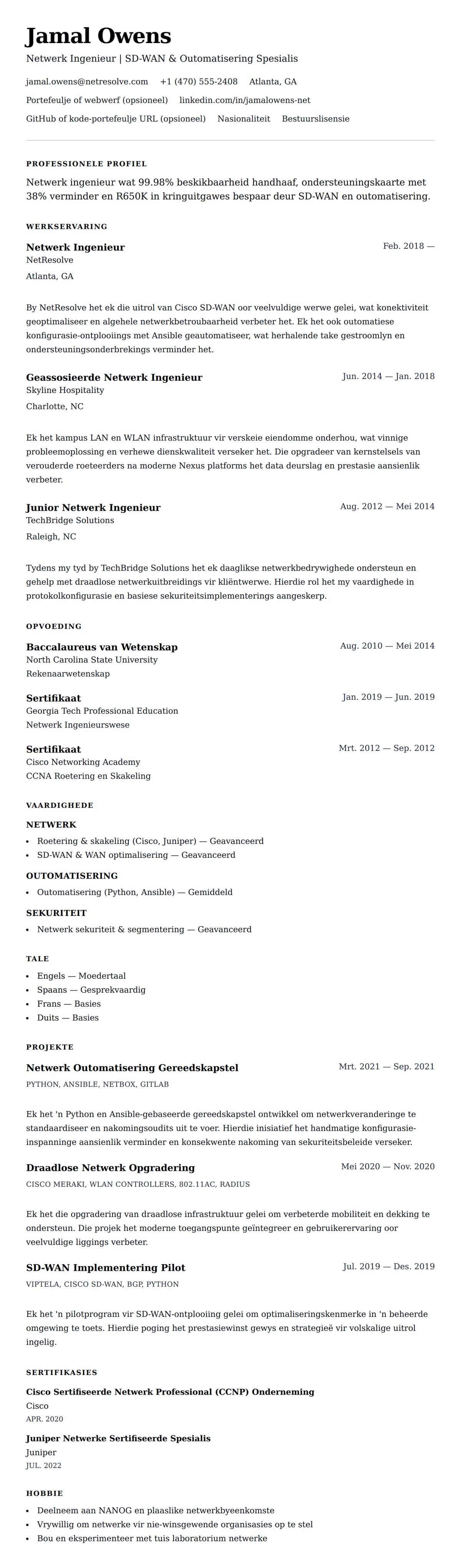 Leweensbeskrywing-vooruitskouk vir Netwerk Ingenieur Lewensloop Voorbeeld