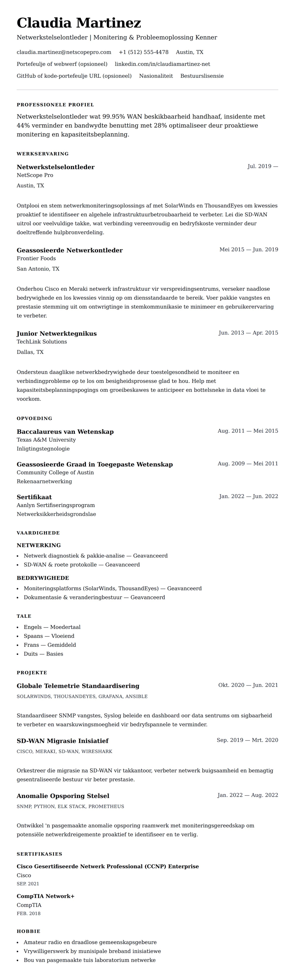 Leweensbeskrywing-vooruitskouk vir Netwerkstelselontleder Lewensloop Voorbeeld