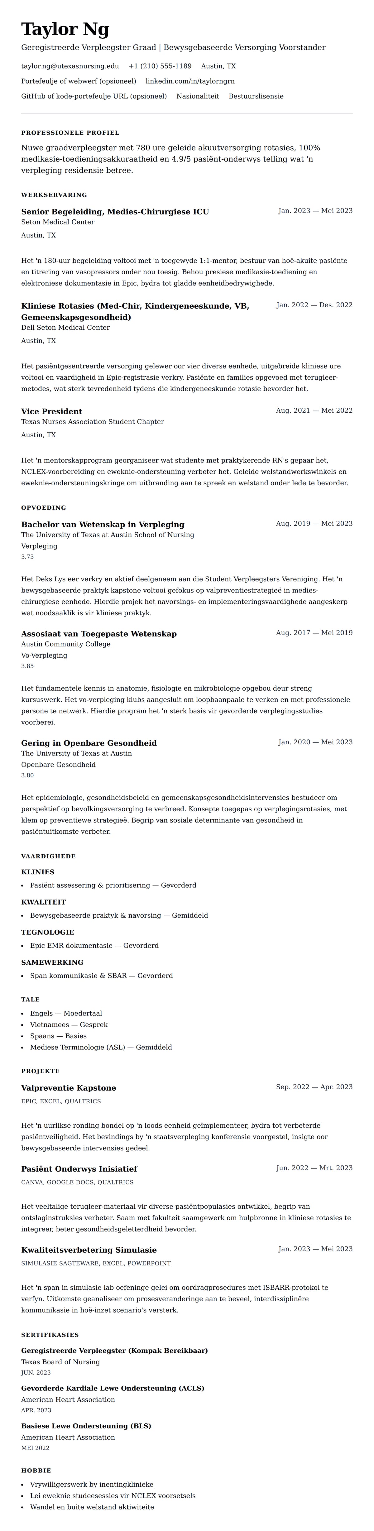 Leweensbeskrywing-vooruitskouk vir Nuwe Graadverpleegster CV-Voorbeeld
