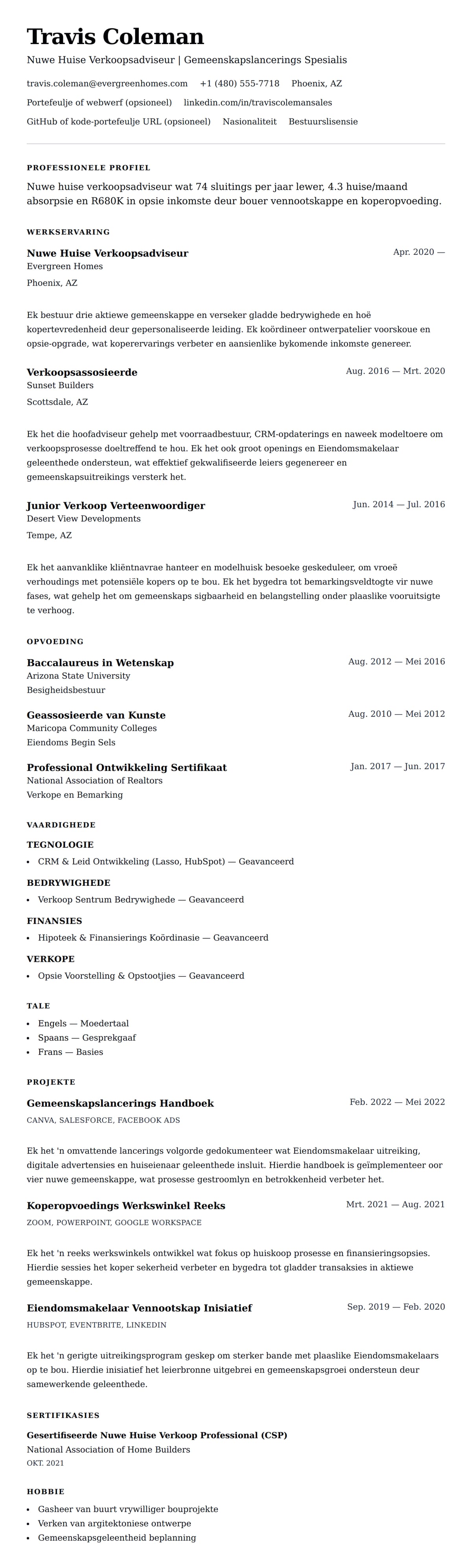 Leweensbeskrywing-vooruitskouk vir Nuwe Huise Verkoopsadviseur Lewensloop Voorbeeld