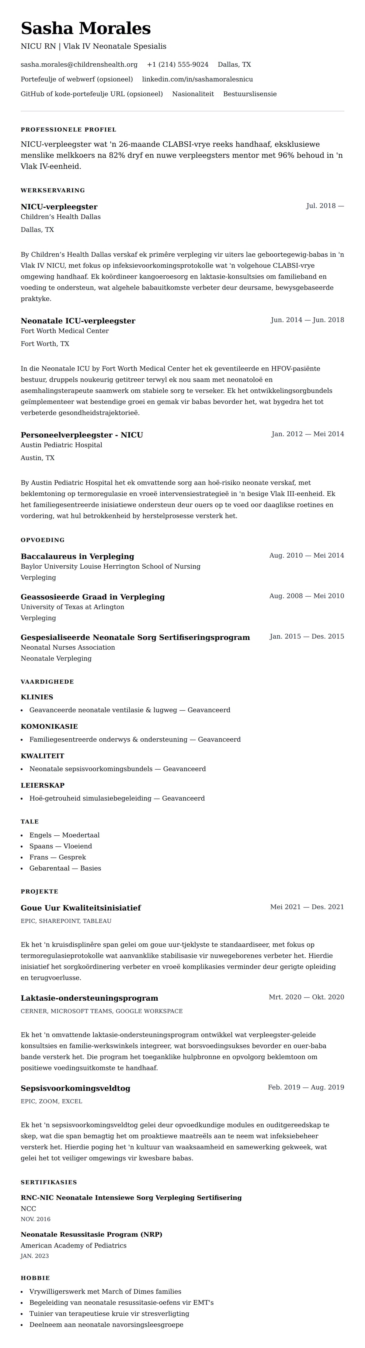 Leweensbeskrywing-vooruitskouk vir NICU-verpleegster Lewensloopvoorbeeld