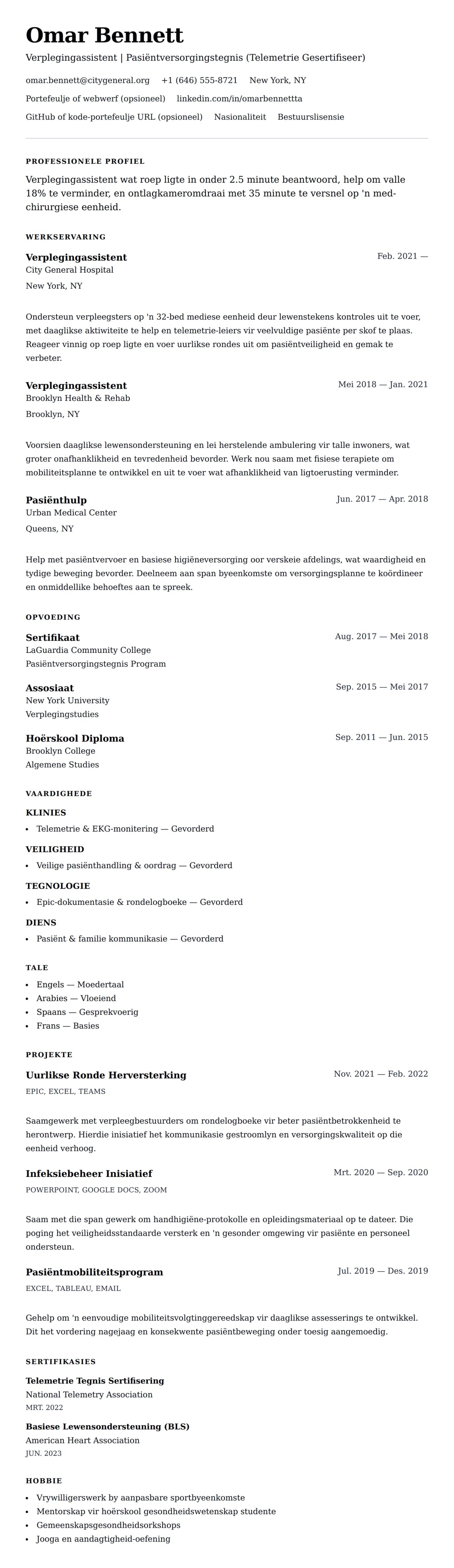 Leweensbeskrywing-vooruitskouk vir Verplegingassistent Lewensloop Voorbeeld