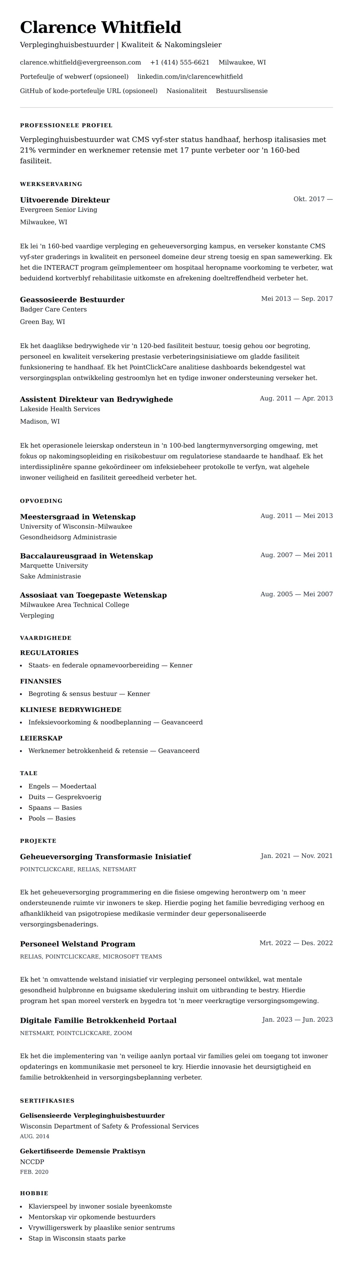 Leweensbeskrywing-vooruitskouk vir Verpleginghuisbestuurder Lewensloop Voorbeeld