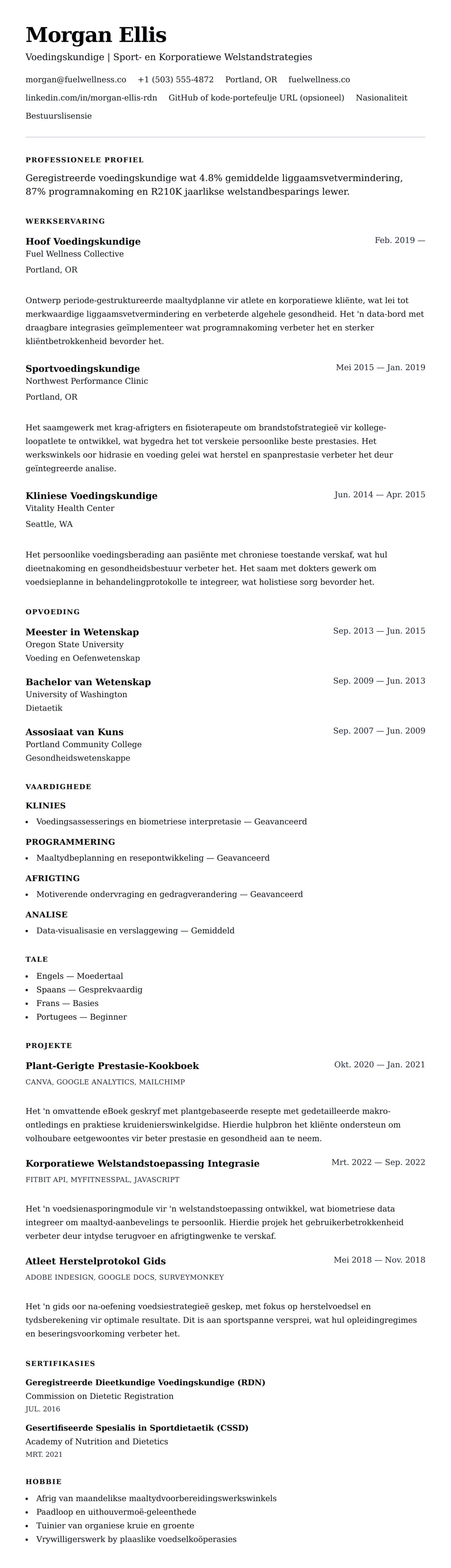 Leweensbeskrywing-vooruitskouk vir Voedingskundige Lewenskrif Voorbeeld