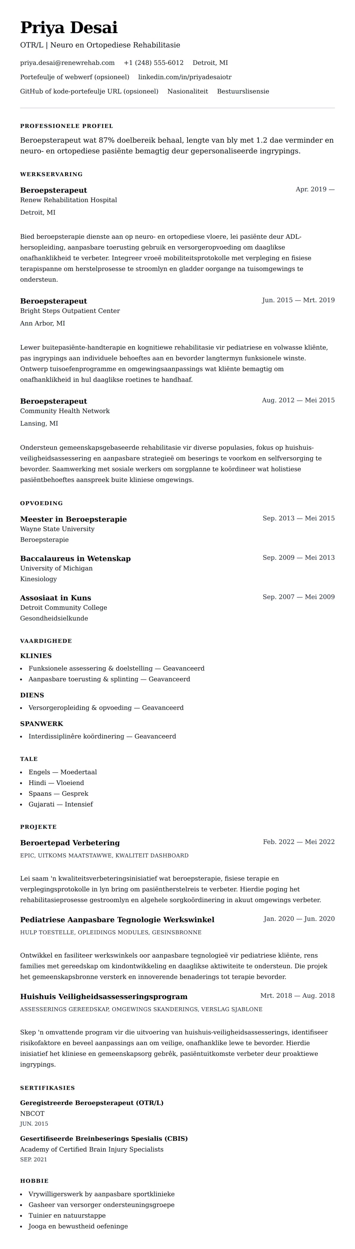 Leweensbeskrywing-vooruitskouk vir Beroepsterapeut Lewensloop Voorbeeld