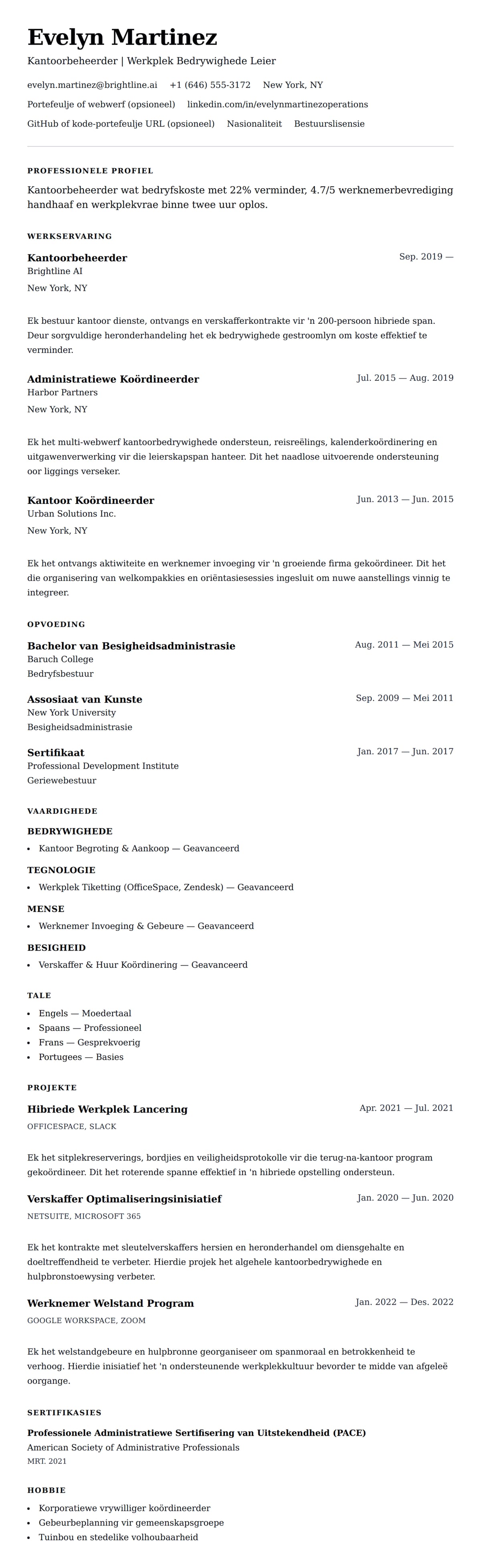 Leweensbeskrywing-vooruitskouk vir Kantoorbeheerder Leefvoorskot Voorbeeld