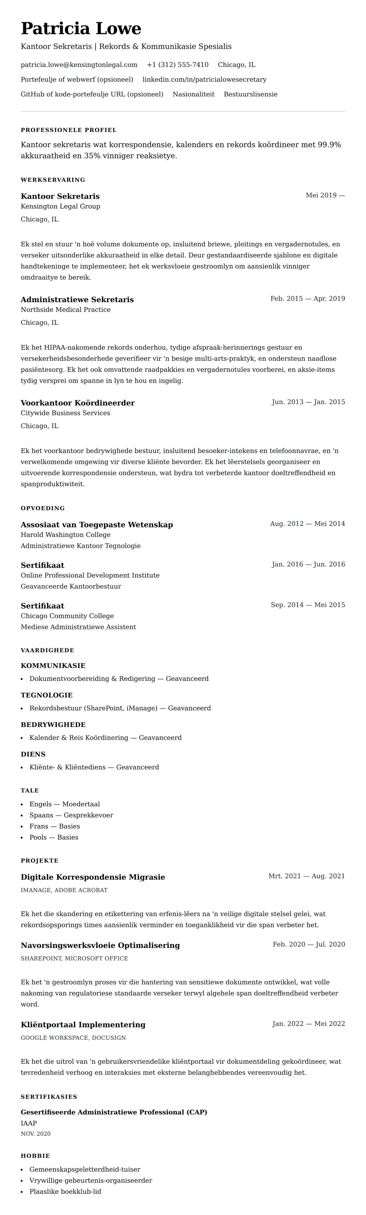 Leweensbeskrywing-vooruitskouk vir Kantoor Sekretaris Leweenskrif Voorbeeld