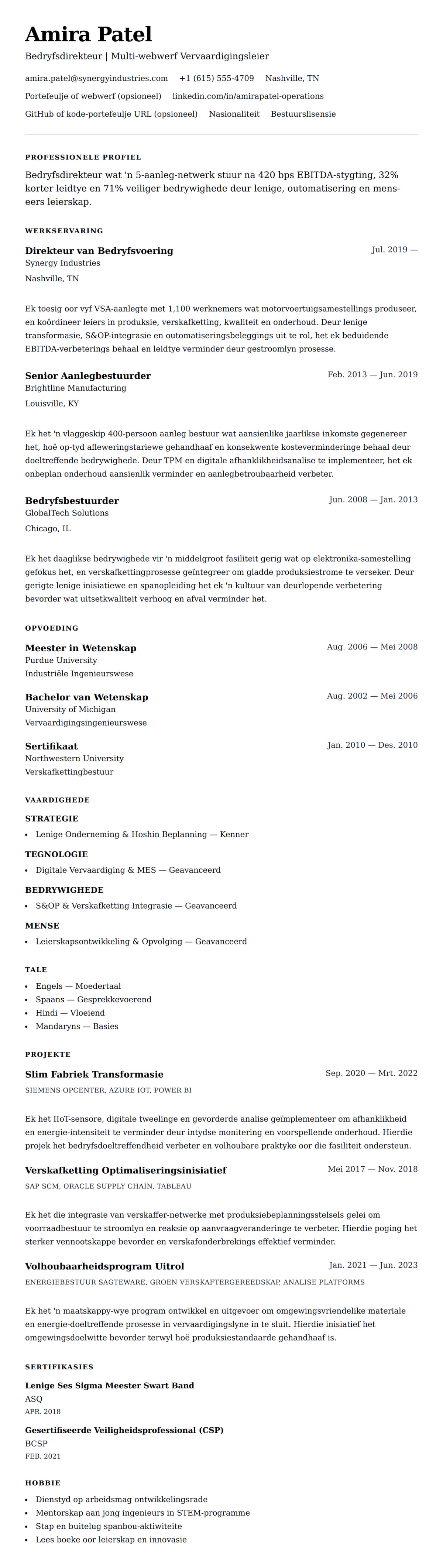 Leweensbeskrywing-vooruitskouk vir Bedryfsdirekteur Lewensloopvoorbeeld