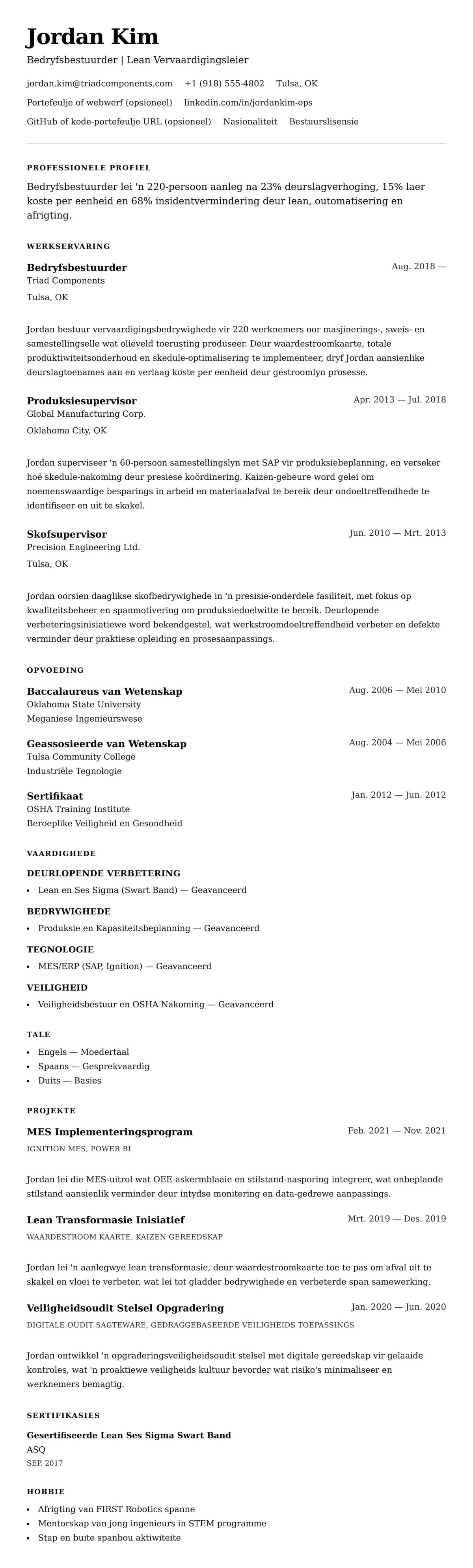 Leweensbeskrywing-vooruitskouk vir Bedryfsbestuurder Leweensbeskrywing Voorbeeld