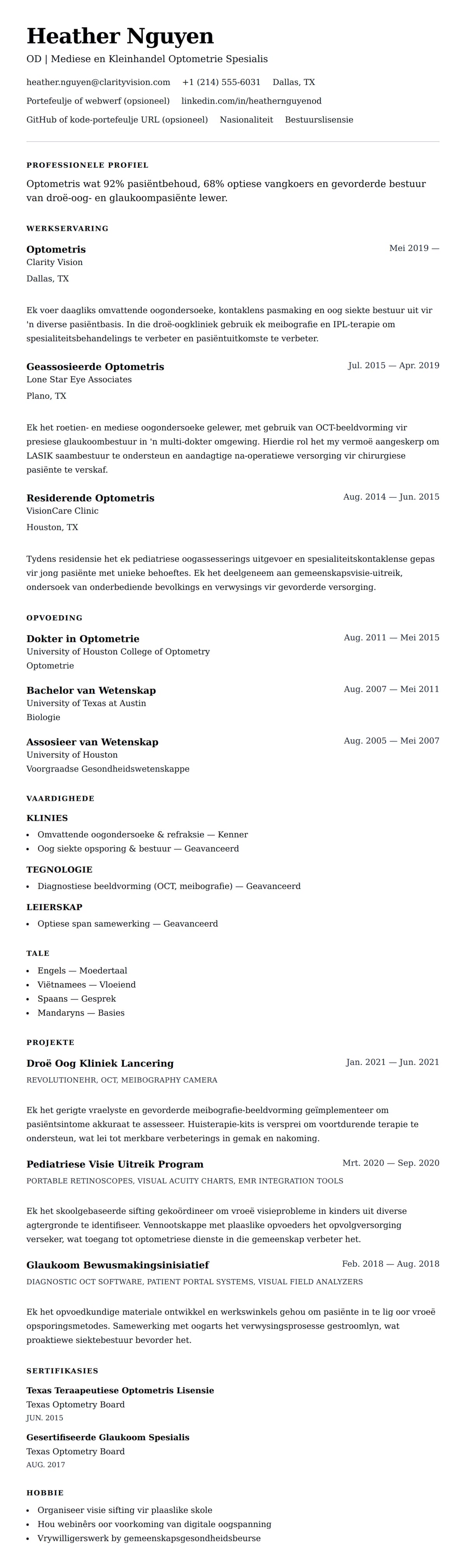 Leweensbeskrywing-vooruitskouk vir Optometris Lewensloop Voorbeeld