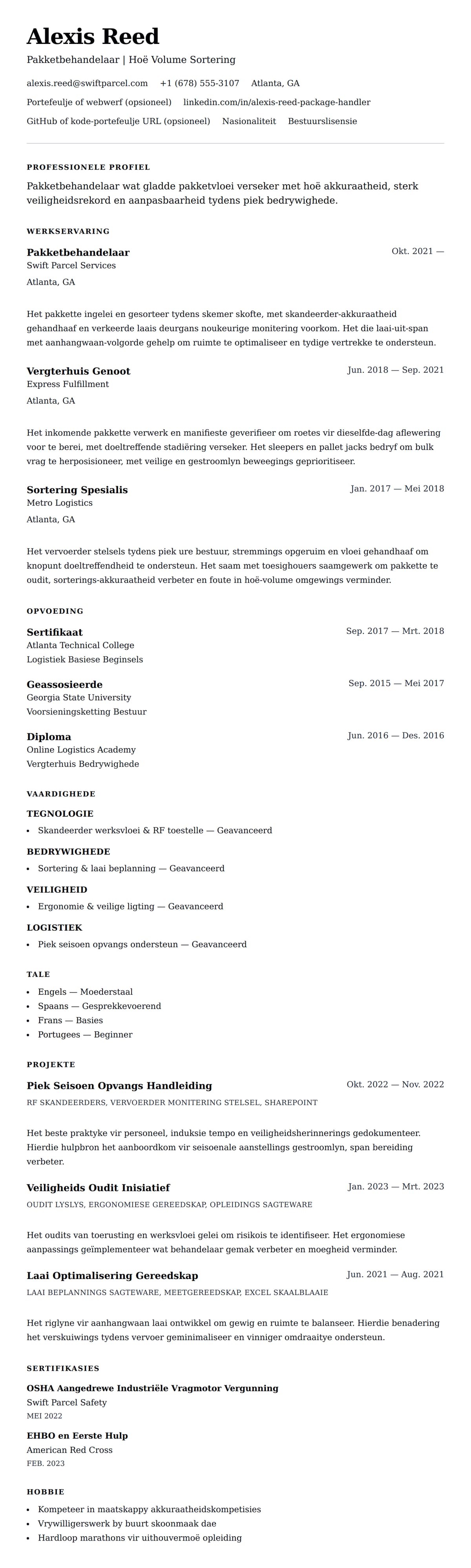 Leweensbeskrywing-vooruitskouk vir Pakketbehandelaar Leweensbeskrywing Voorbeeld