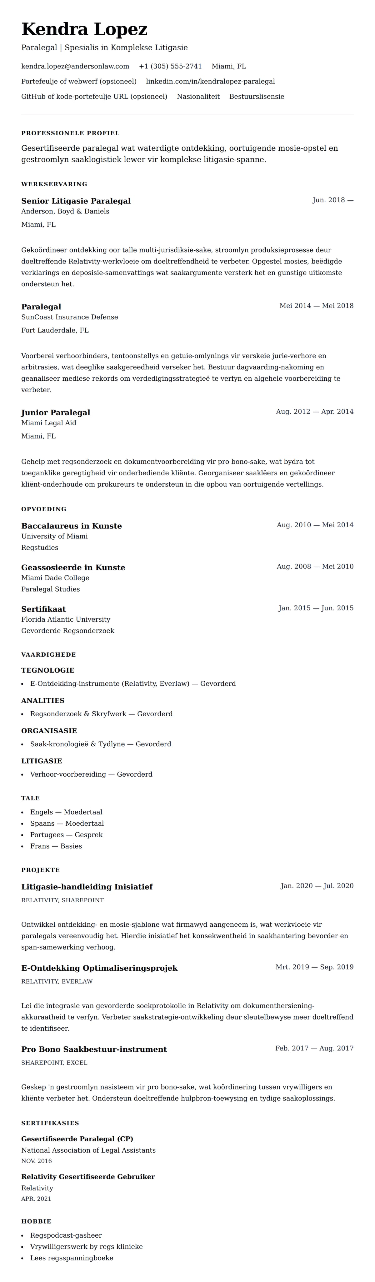 Leweensbeskrywing-vooruitskouk vir Paralegal Leefweë Voorbeeld