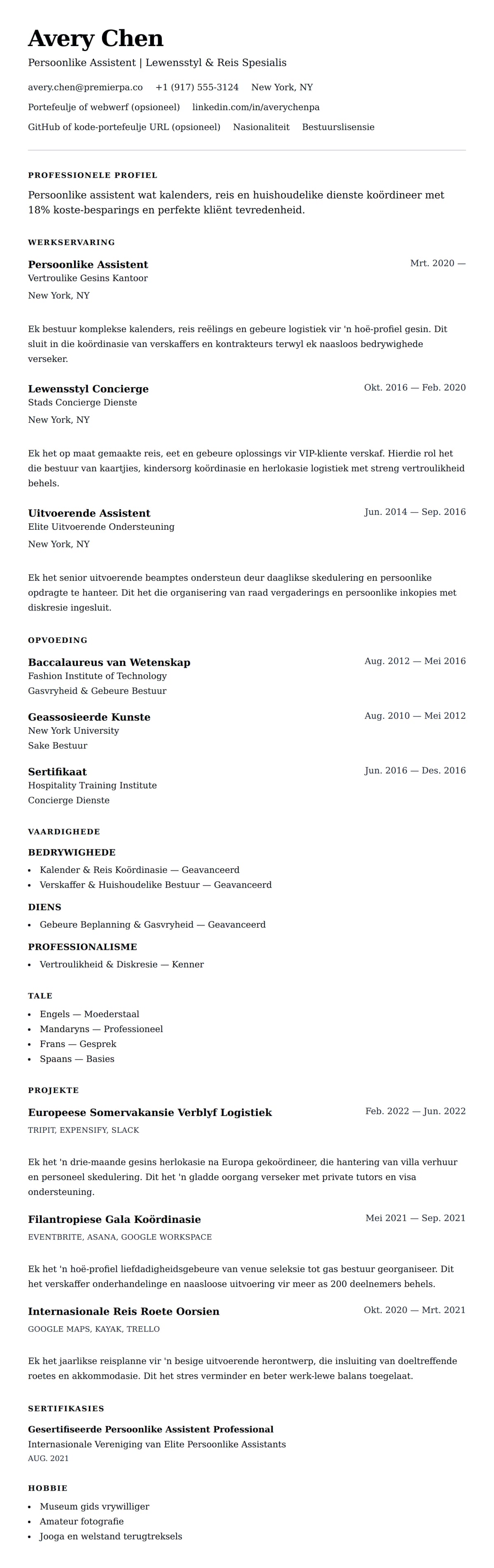 Leweensbeskrywing-vooruitskouk vir Voorbeeld van Persoonlike Assistent Lewe