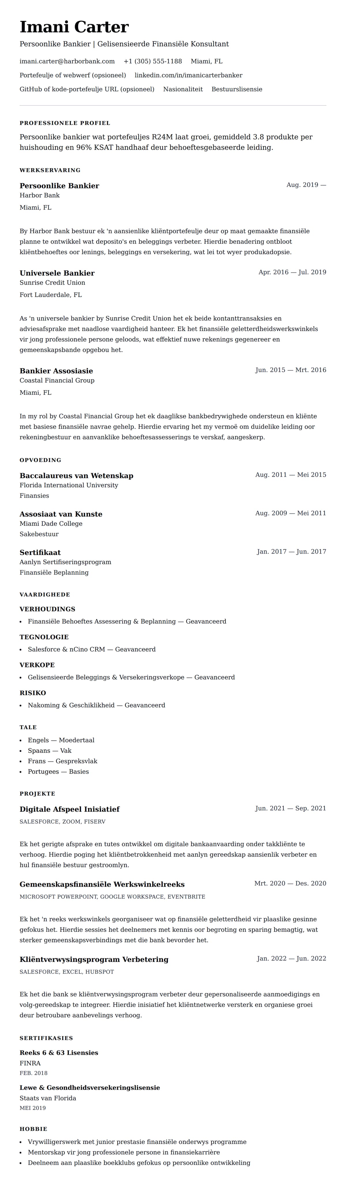 Leweensbeskrywing-vooruitskouk vir Persoonlike Bankier Lewensloop Voorbeeld