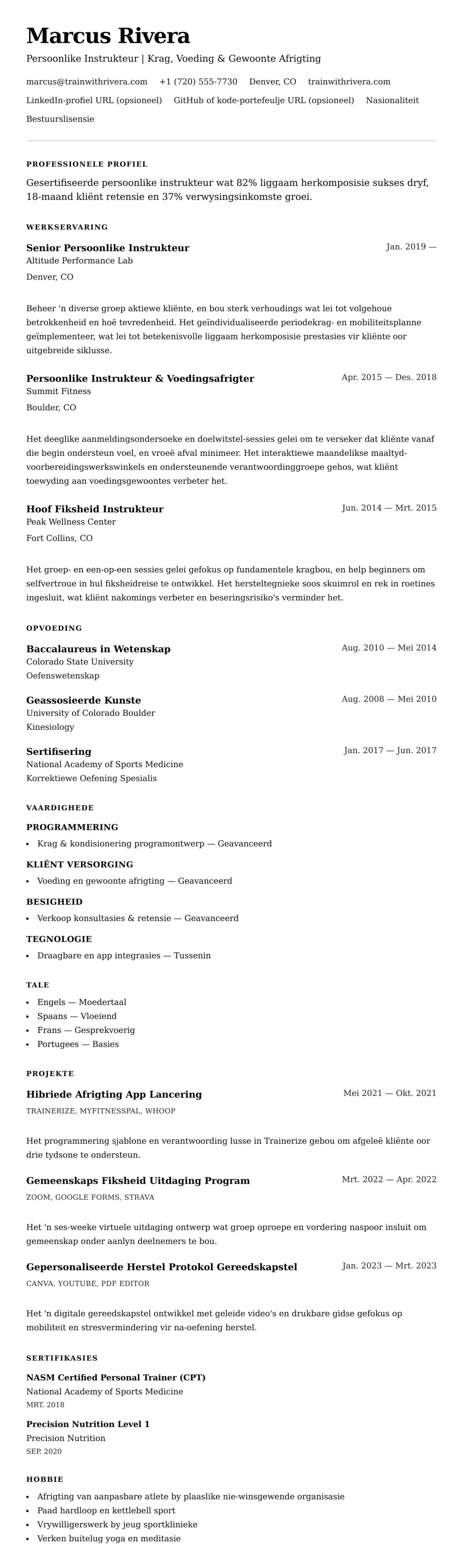 Leweensbeskrywing-vooruitskouk vir Persoonlike Instrukteur Leweensbeskrywing Voorbeeld