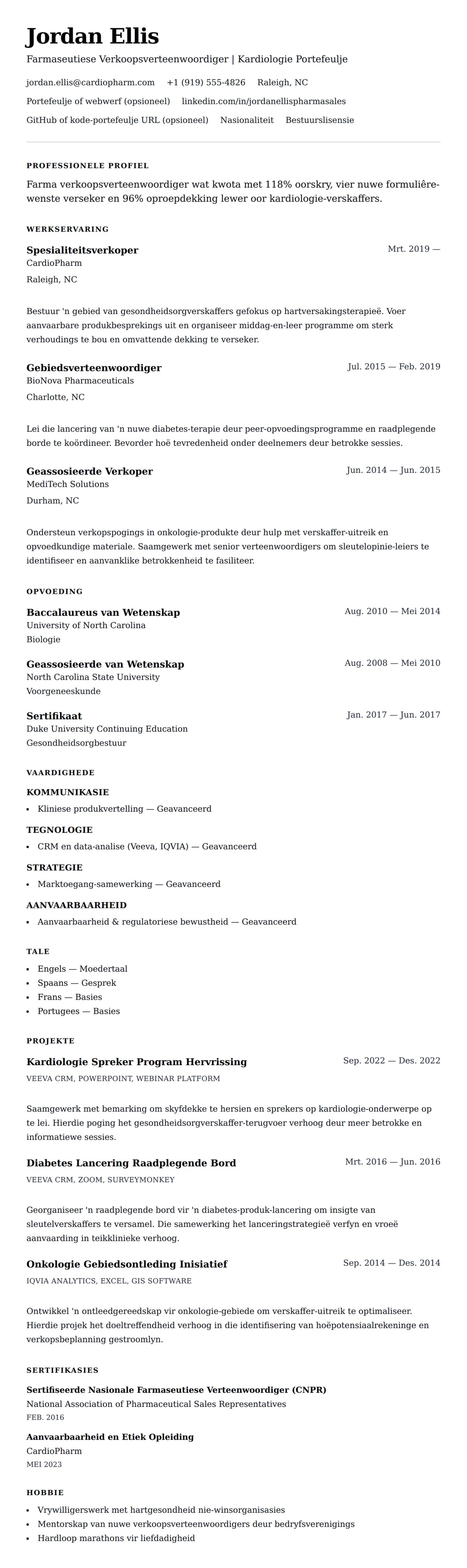 Leweensbeskrywing-vooruitskouk vir Farmaseutiese Verkoopsverteenwoordiger CV Voorbeeld