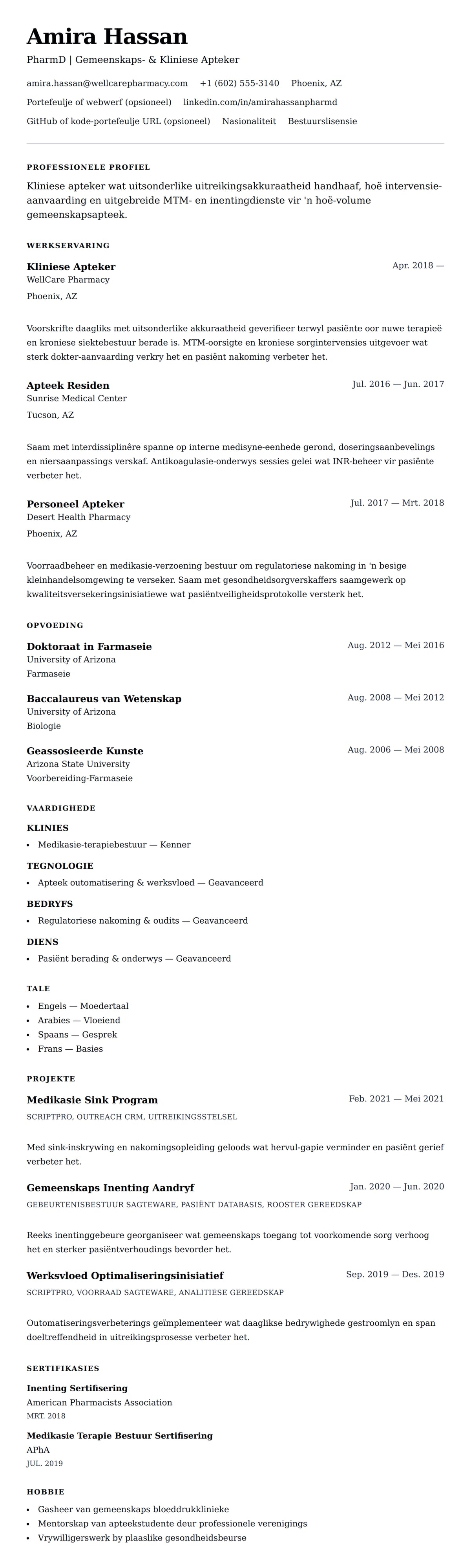 Leweensbeskrywing-vooruitskouk vir Apteker Lewensloop Voorbeeld