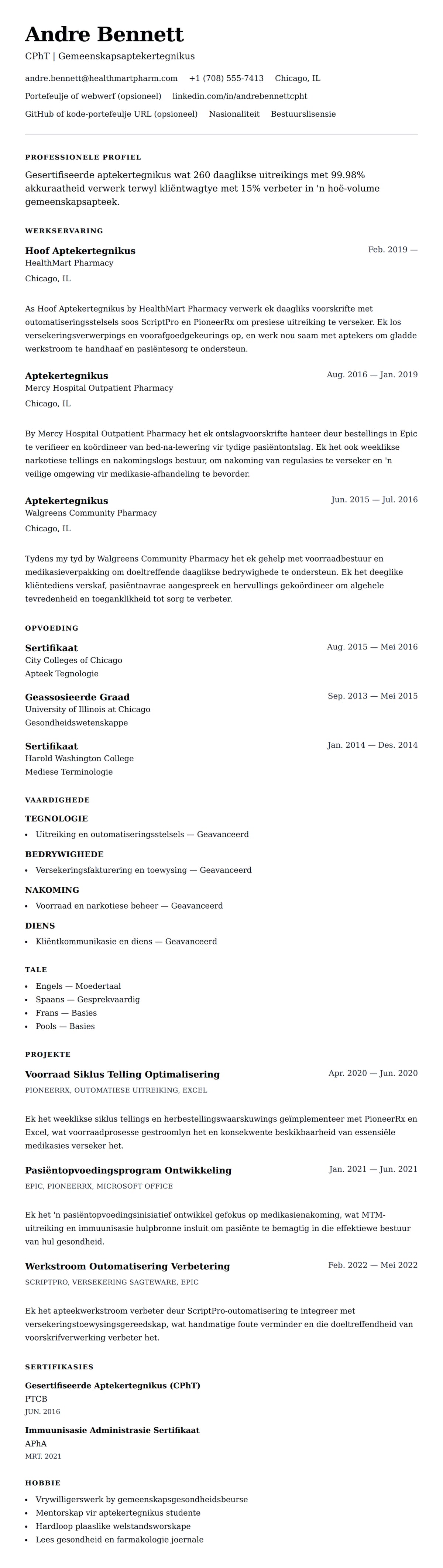 Leweensbeskrywing-vooruitskouk vir Aptekertegnikus Lewensloop Voorbeeld