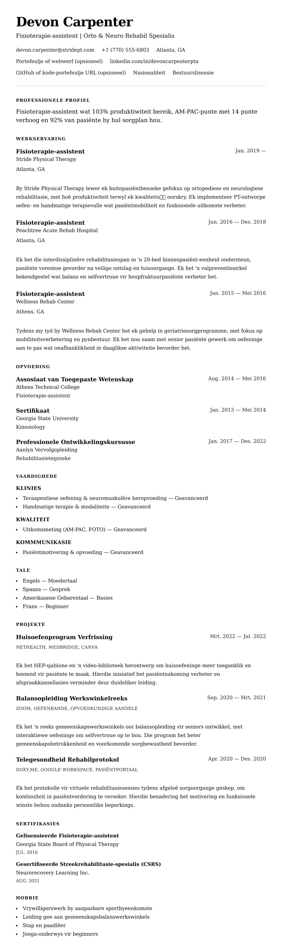 Leweensbeskrywing-vooruitskouk vir Fisioterapie-assistent (FTA) Lewensloop Voorbeeld