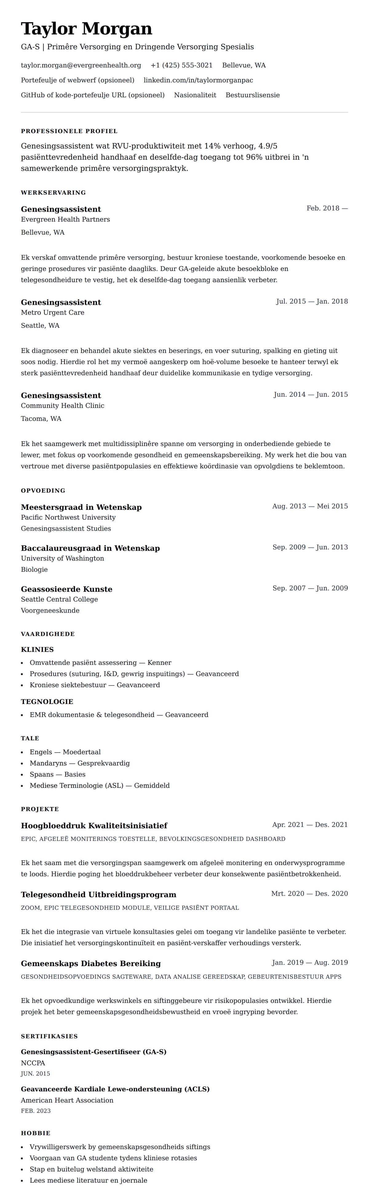 Leweensbeskrywing-vooruitskouk vir Genesingsassistent Lewensloop Voorbeeld