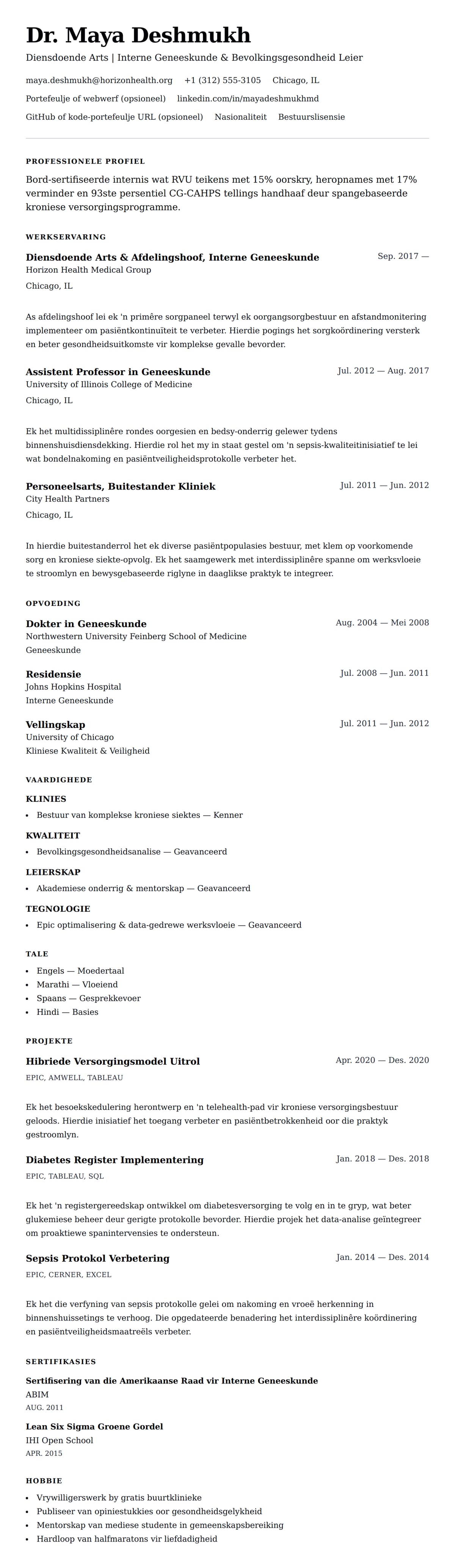 Leweensbeskrywing-vooruitskouk vir Voorbeeld van 'n Arts se CV