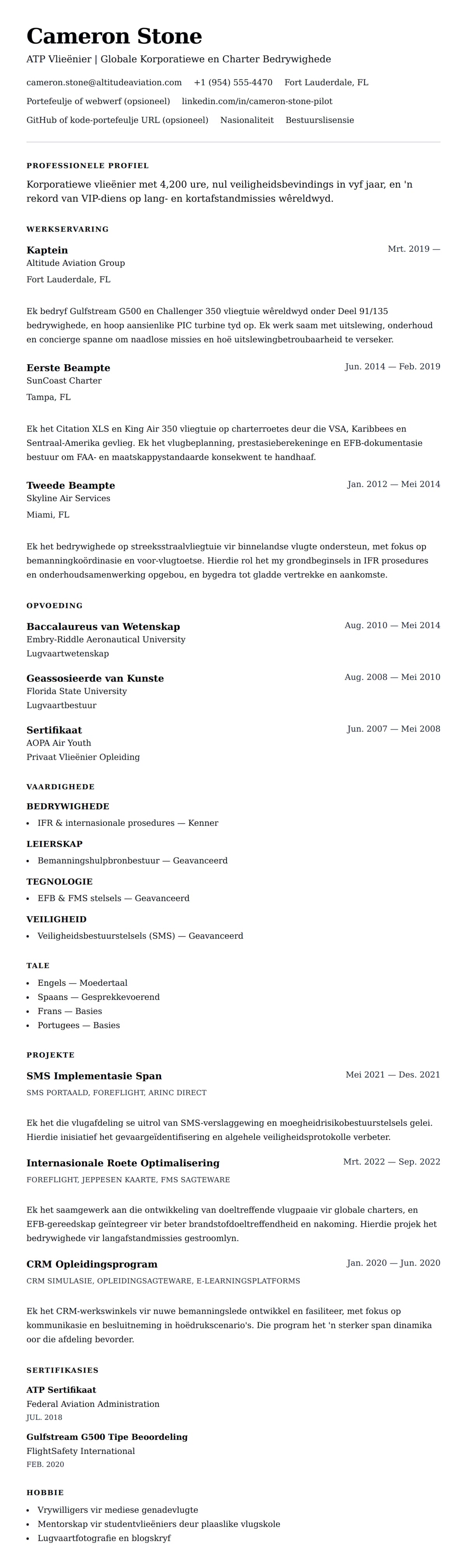 Leweensbeskrywing-vooruitskouk vir Vlieënier Lewensloop Voorbeeld