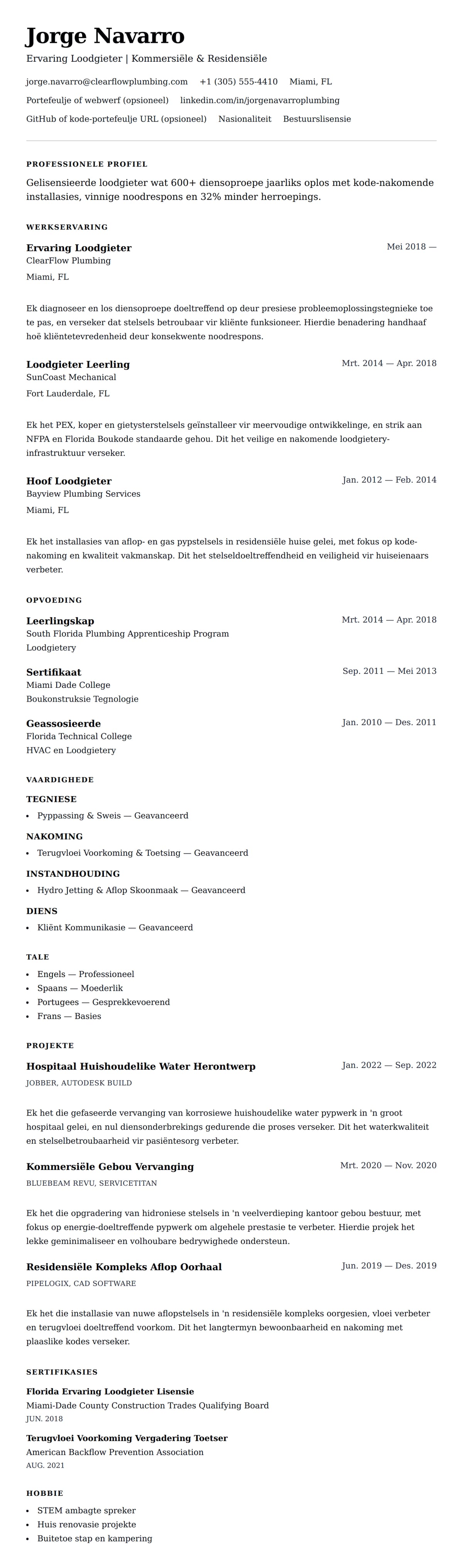 Leweensbeskrywing-vooruitskouk vir Loodgieter Lewensloop Voorbeeld