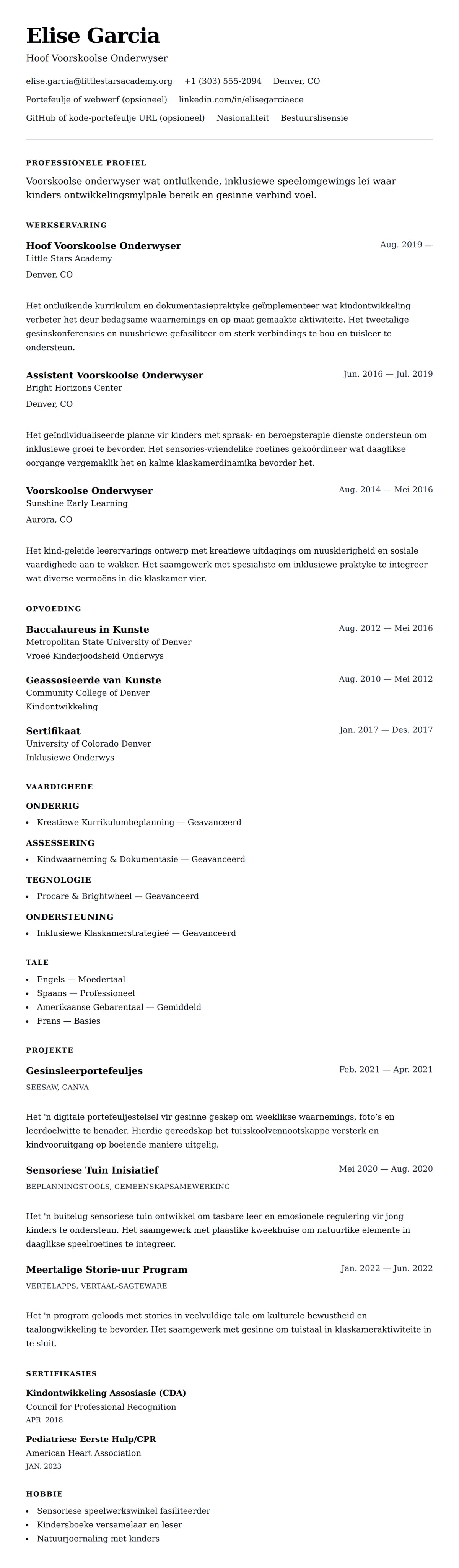 Leweensbeskrywing-vooruitskouk vir Voorskoolse Onderwyser CV Voorbeeld