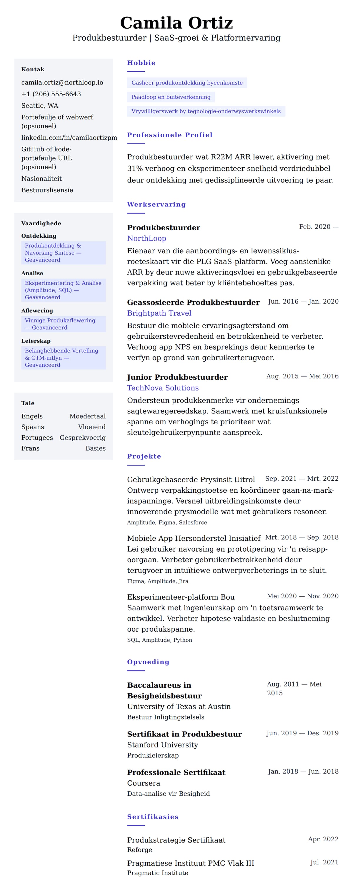 Leweensbeskrywing-vooruitskouk vir Lewensloopvoorbeeld vir Produkbestuurder