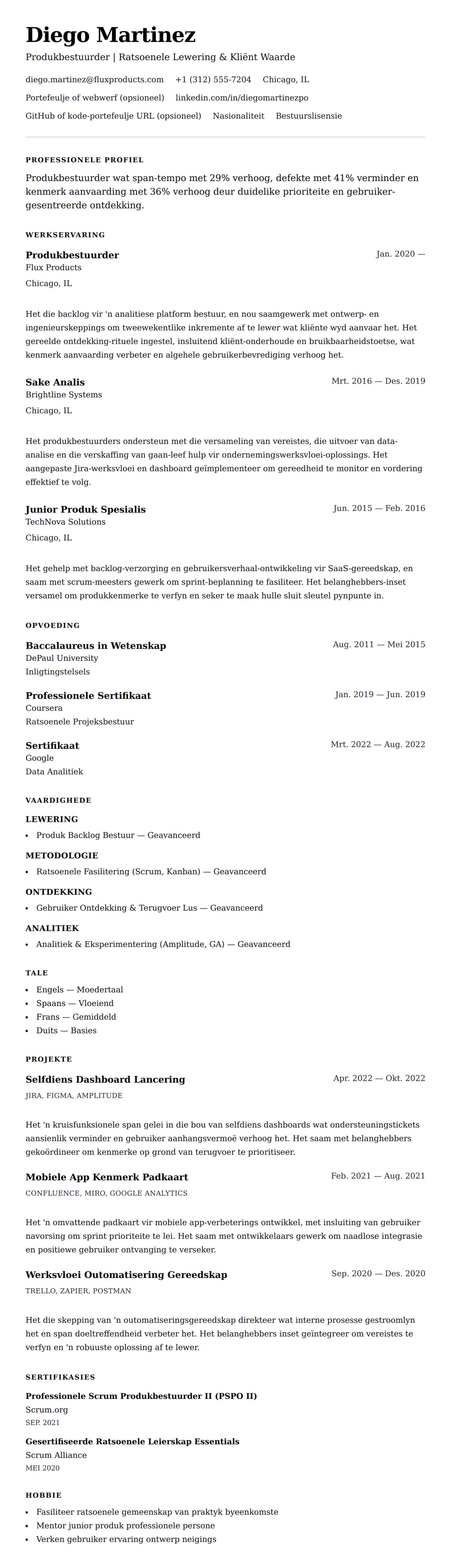 Leweensbeskrywing-vooruitskouk vir Produkbestuurder CV Voorbeeld