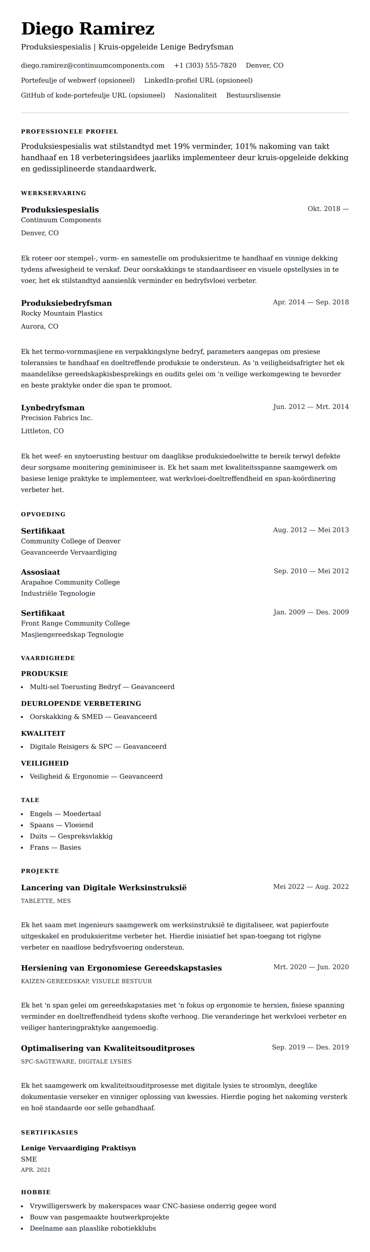 Leweensbeskrywing-vooruitskouk vir Voorbeeld van Lewensloop van Produksiespesialis