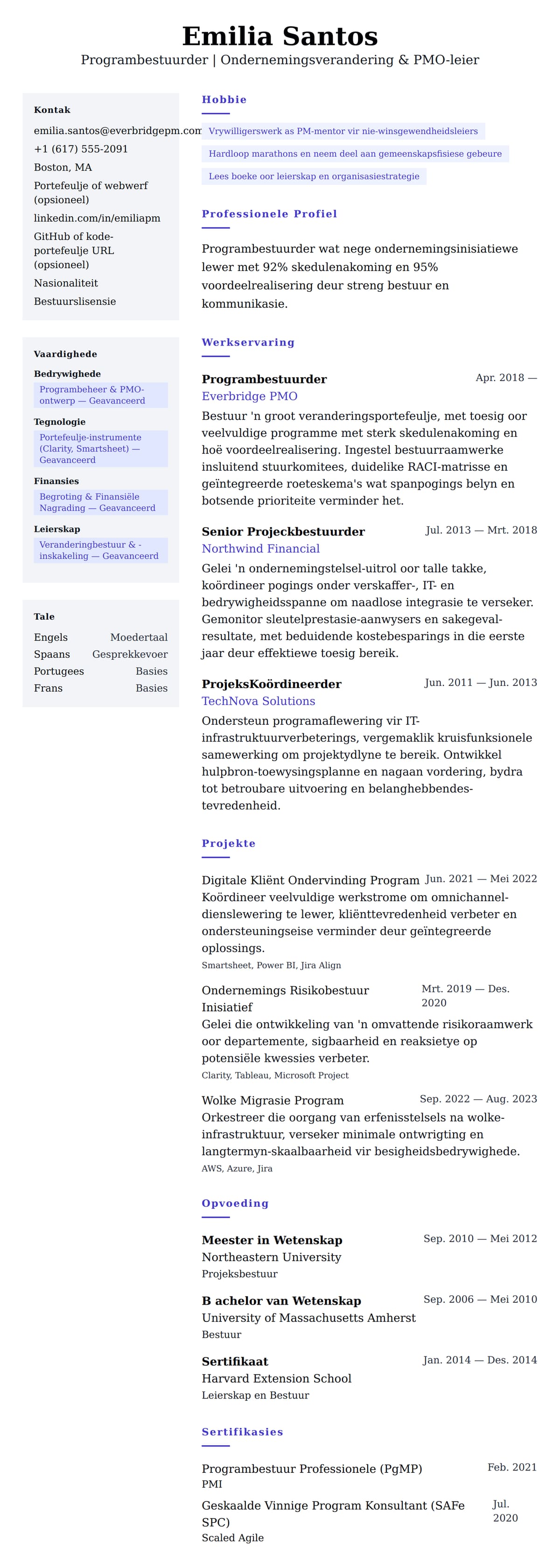 Leweensbeskrywing-vooruitskouk vir Programbestuurder CV-voorbeeld