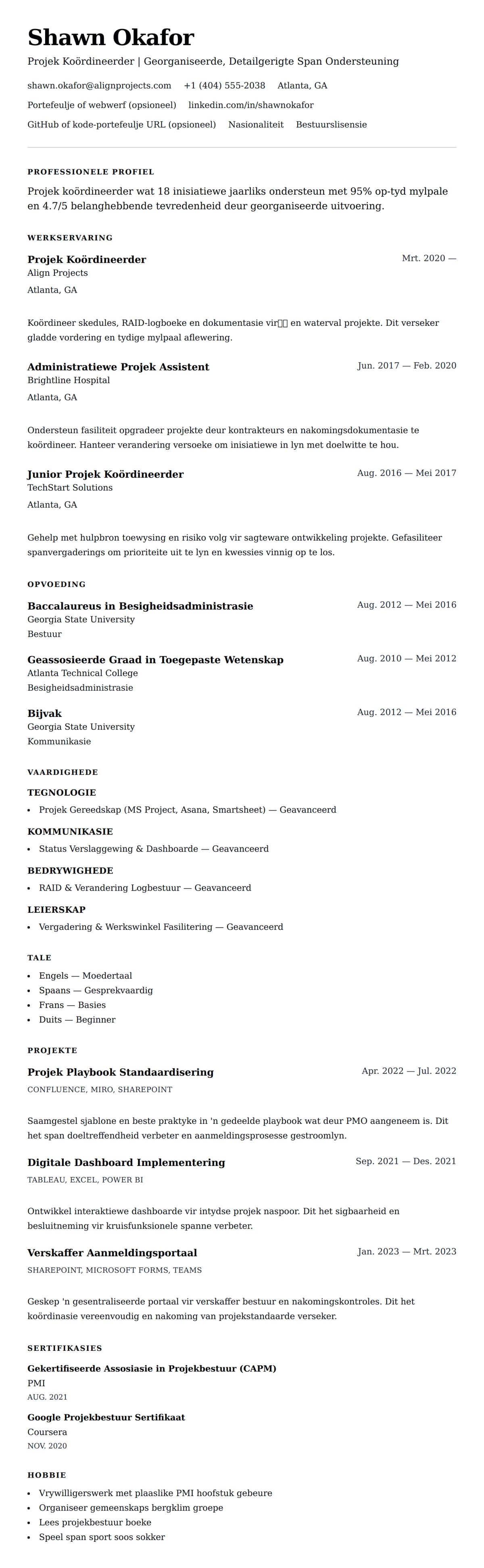 Leweensbeskrywing-vooruitskouk vir Projek Koördineerder Lewensloop Voorbeeld