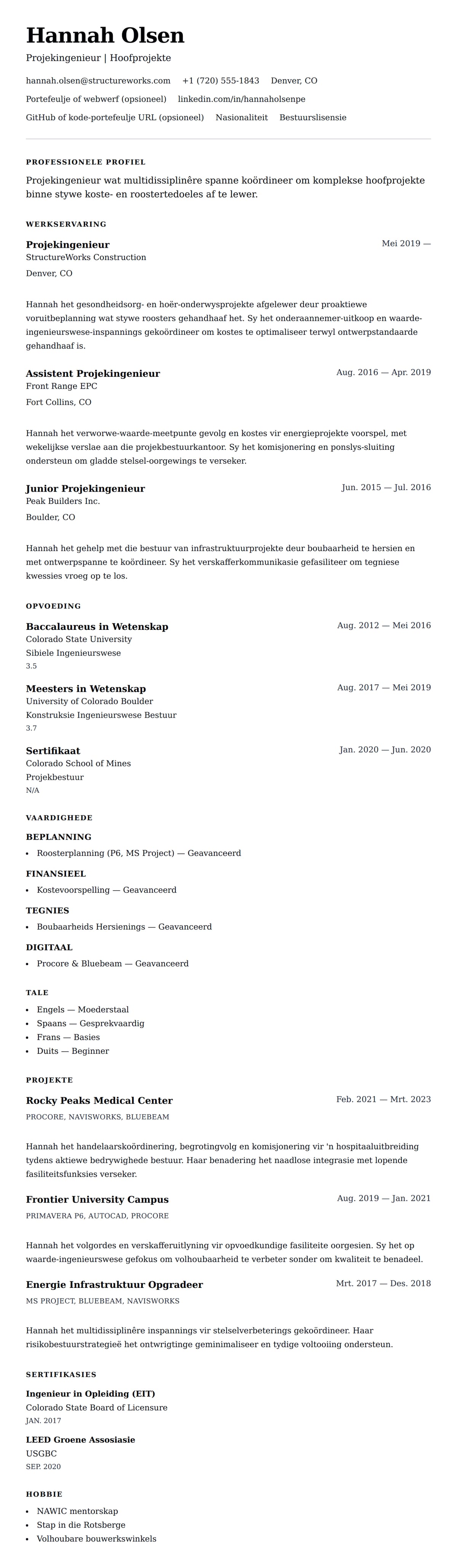 Leweensbeskrywing-vooruitskouk vir Projekingenieur Lewensloop Voorbeeld