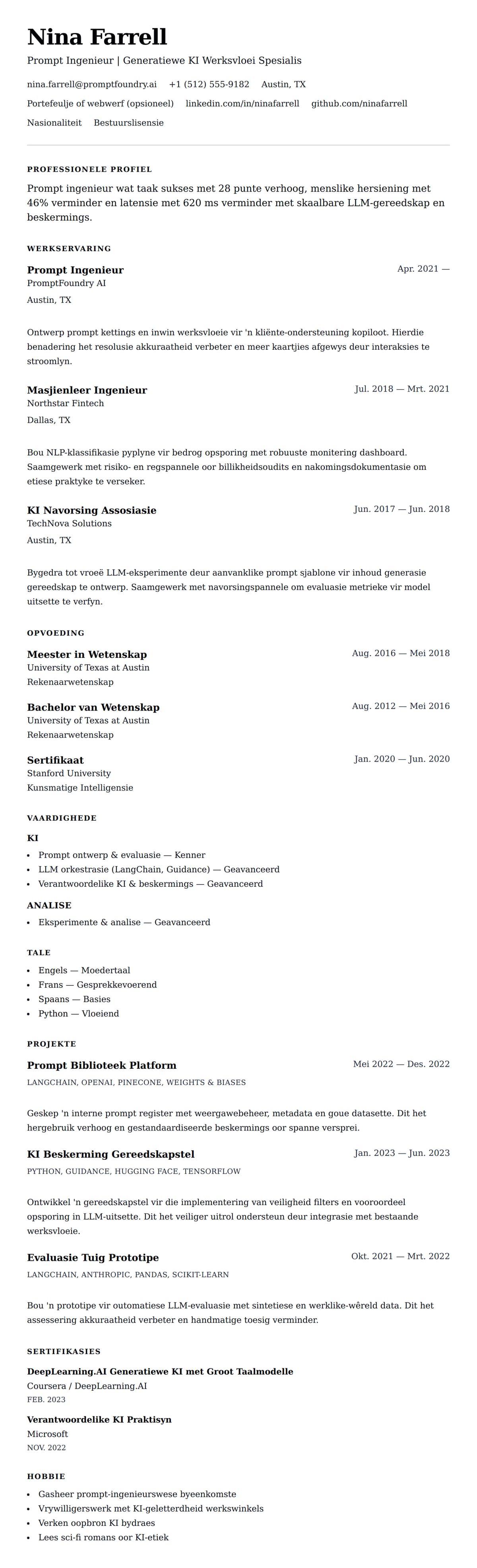 Leweensbeskrywing-vooruitskouk vir Prompt Ingenieur Lewensloop Voorbeeld