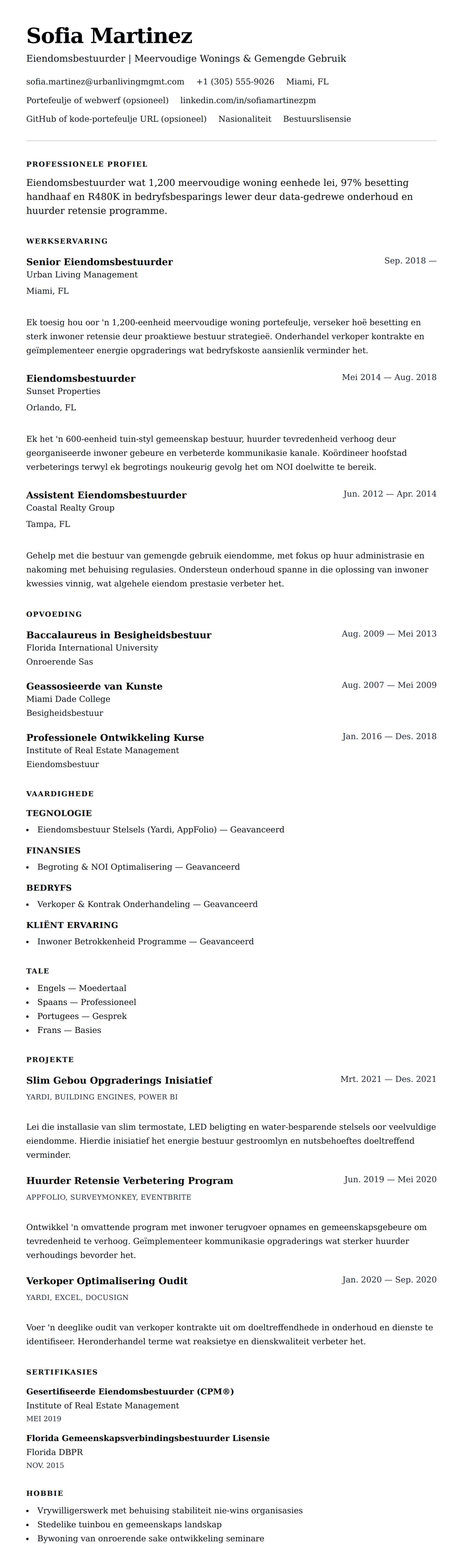 Leweensbeskrywing-vooruitskouk vir Eiendomsbestuurder Lewensloop Voorbeeld