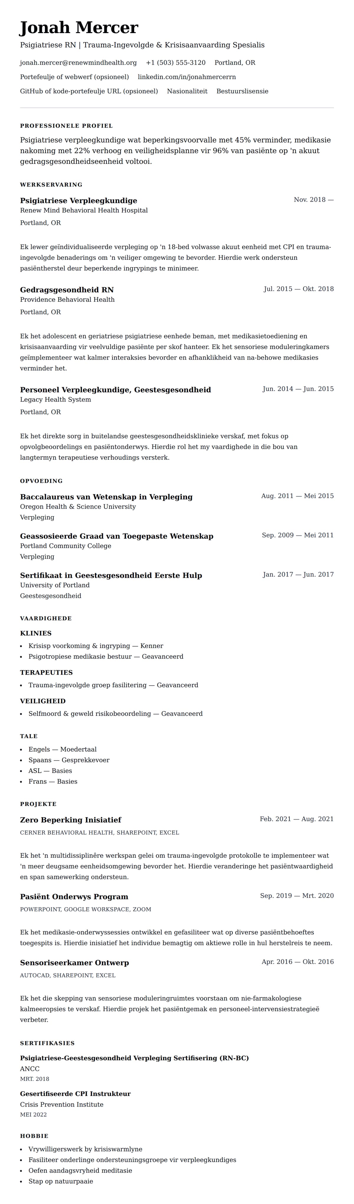 Leweensbeskrywing-vooruitskouk vir Psigiatriese Verpleegkundige Lewensloop Voorbeeld