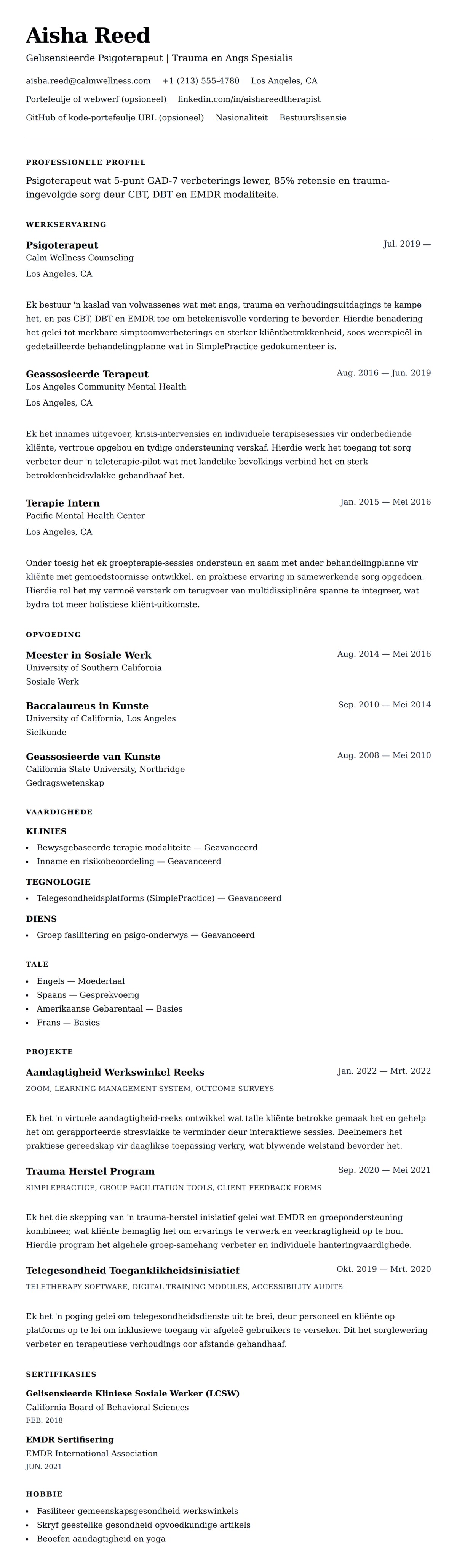 Leweensbeskrywing-vooruitskouk vir Psigoterapeut Lewensloop Voorbeeld