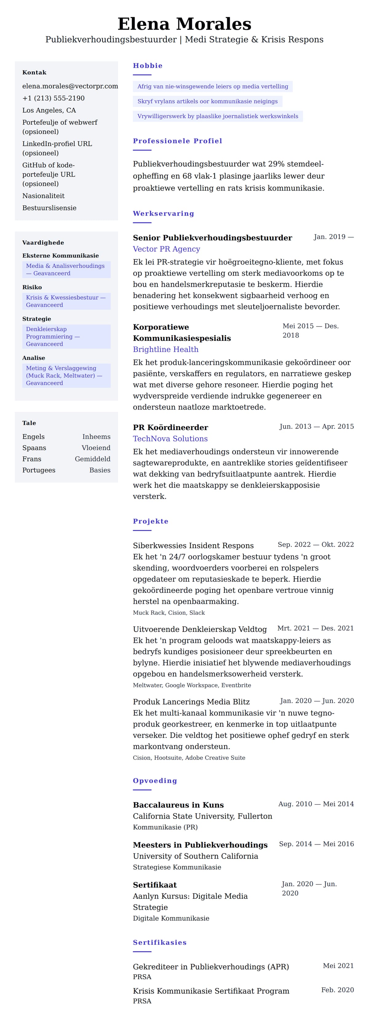 Leweensbeskrywing-vooruitskouk vir Publiekverhoudingsbestuurder Lewensloop Voorbeeld